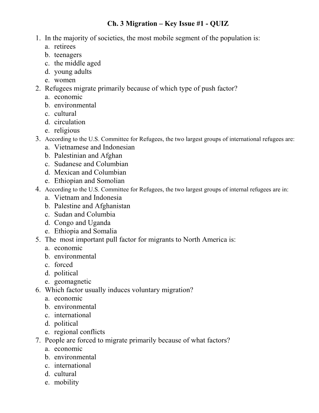 Ch. 3 Migration Key Issue #1 - QUIZ