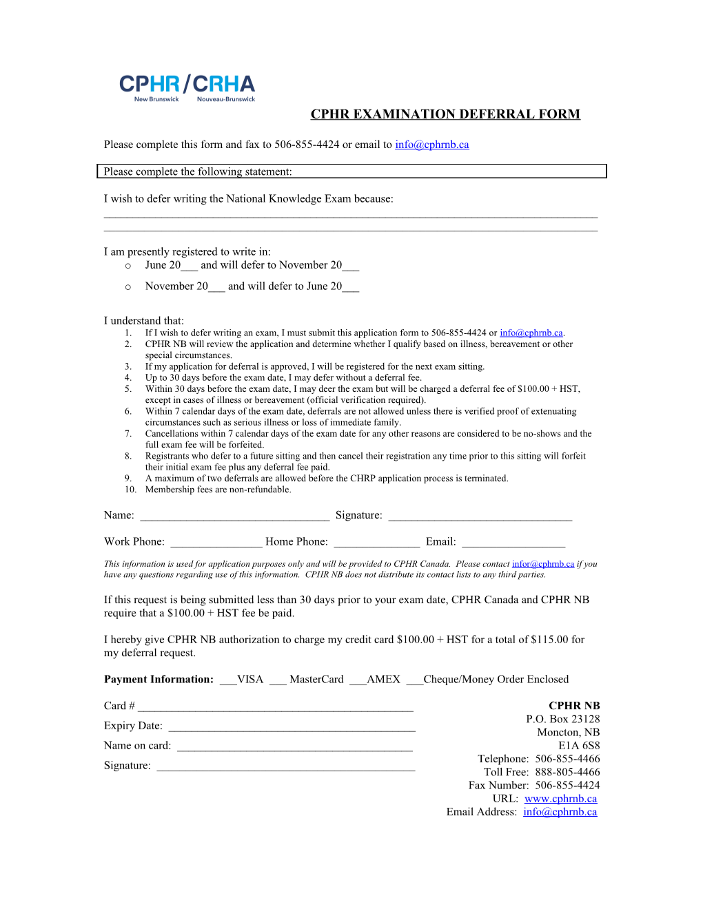 Please Complete This Form and Fax to 506-855-4424 Or Email To