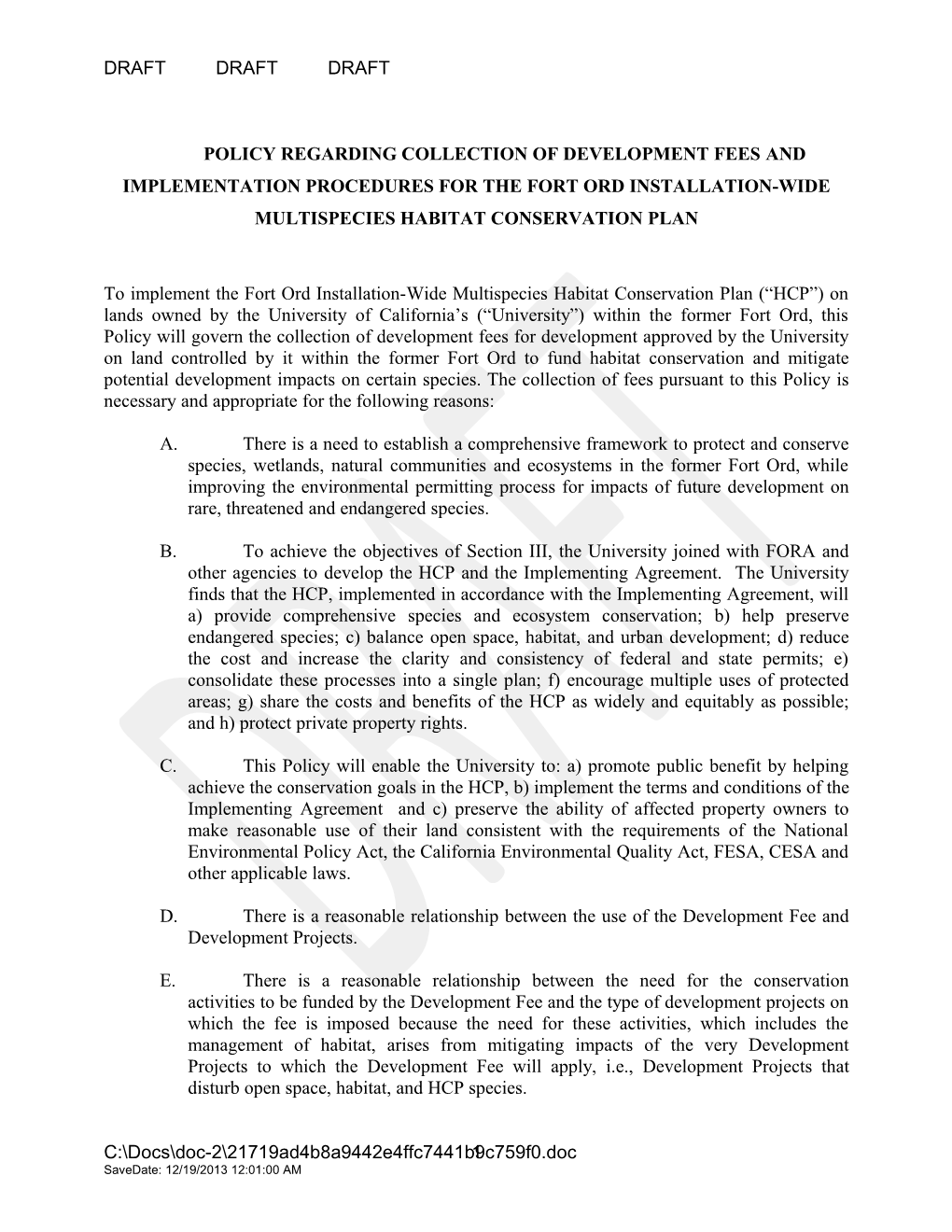 POLICYREGARDING COLLECTION of DEVELOPMENT FEES and Implementation Procedures for the Fort