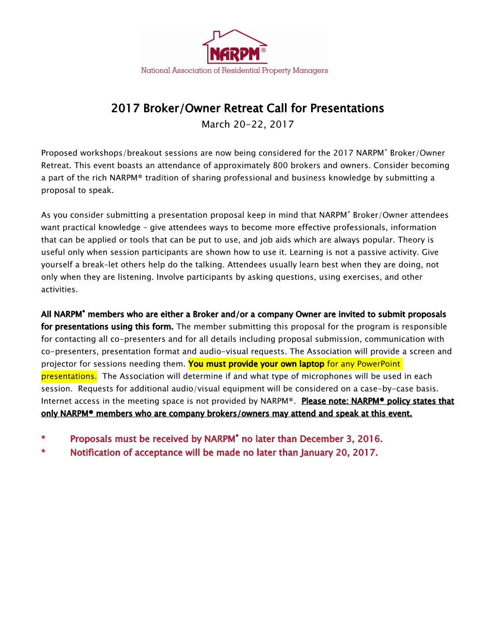 2017 Broker/Owner Retreat Call for Presentations