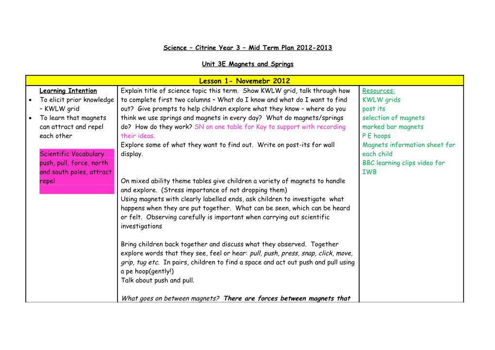 Science Citrine Year 3 Mid Term Plan 2012-2013