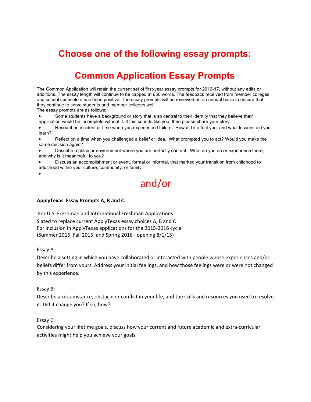 Choose One of the Following Essay Prompts