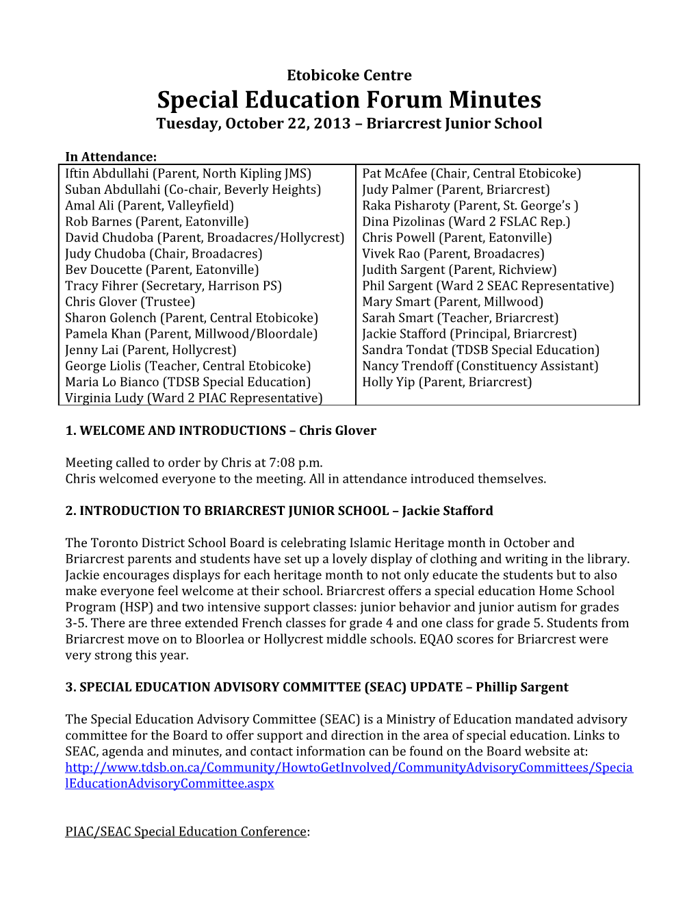 Special Education Forum Minutes