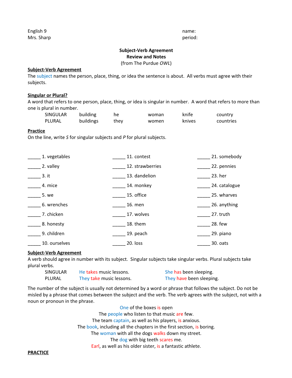 Subject-Verb Agreement s1