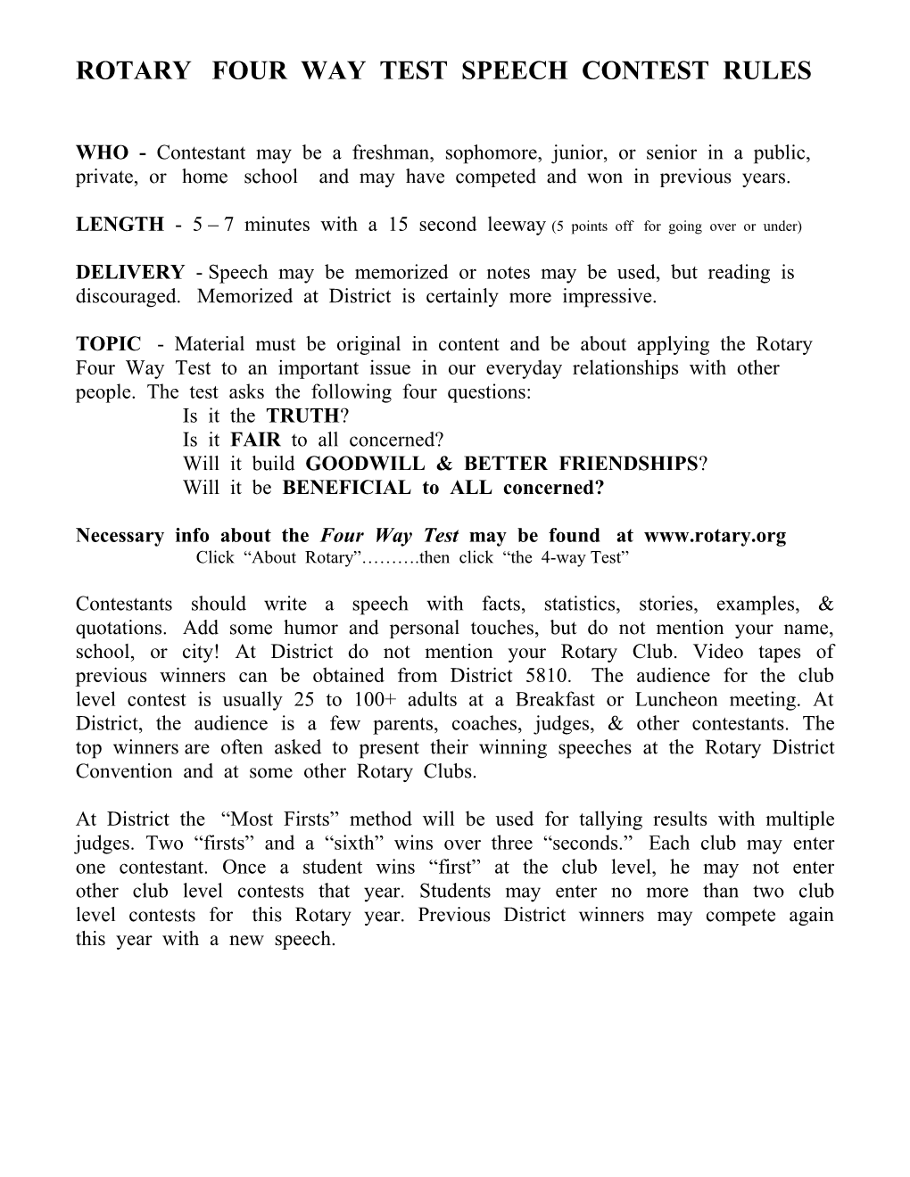 Rotary Four Way Test Speech Contest