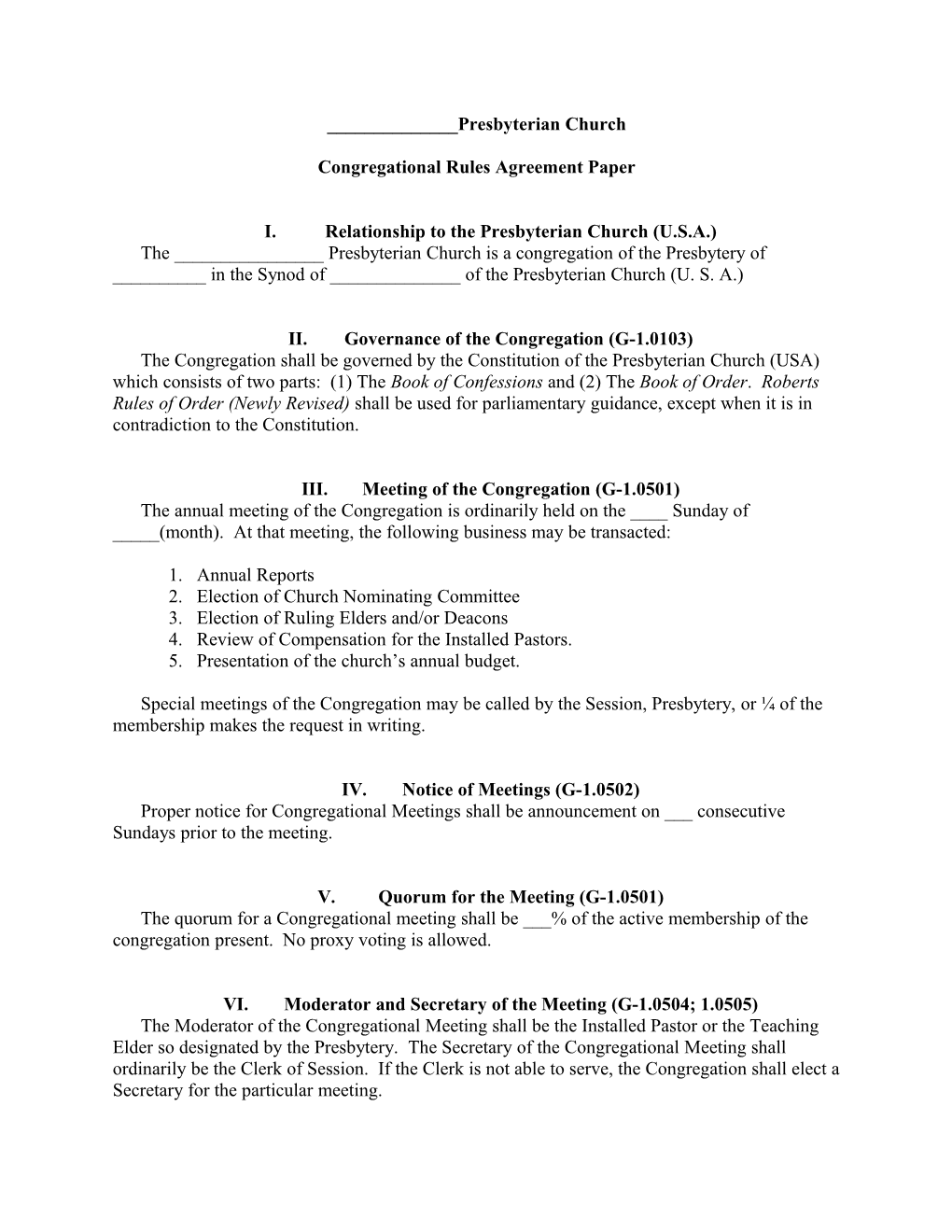 Congregational Rules Agreement Paper
