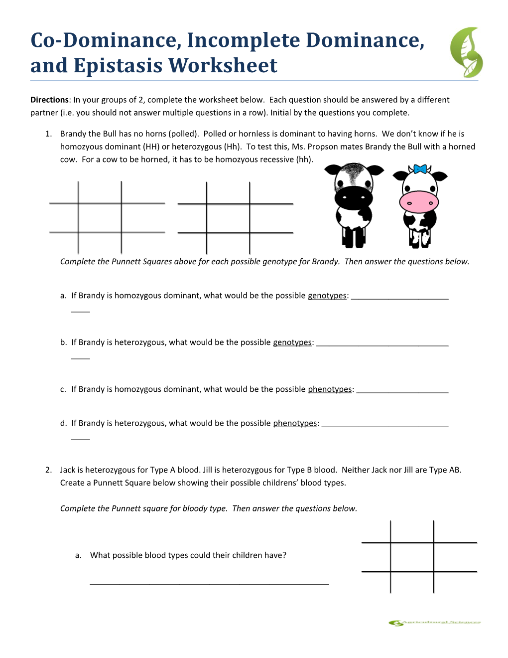 Co-Dominance, Incomplete Dominance, and Epistasis Worksheet