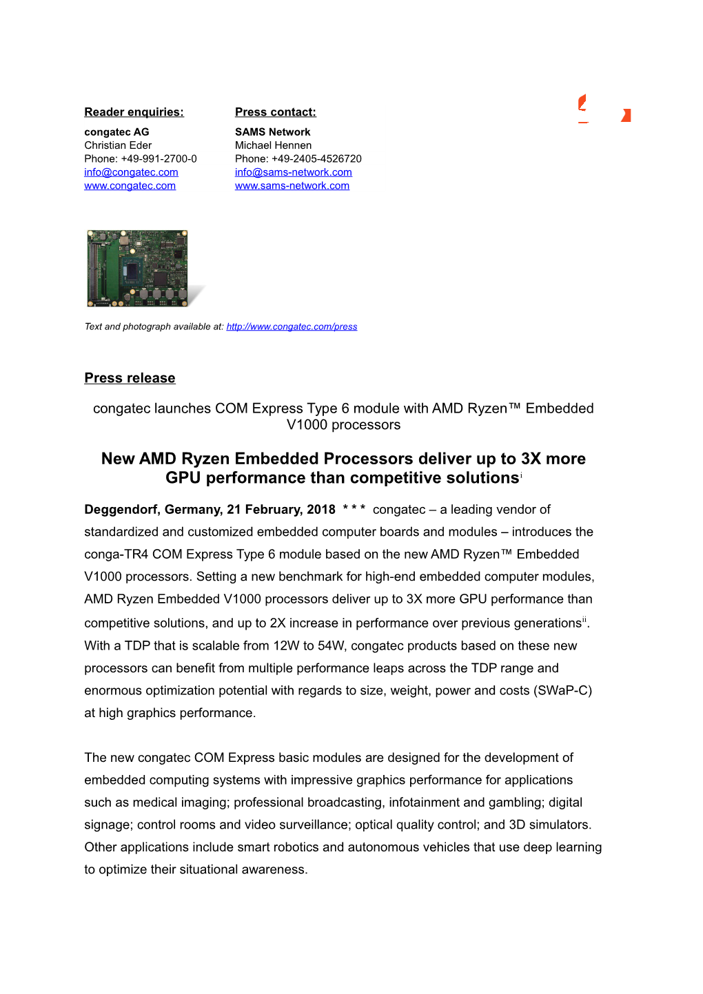 Congatec Launchescom Express Type 6 Module with AMD Ryzen Embedded V1000processors