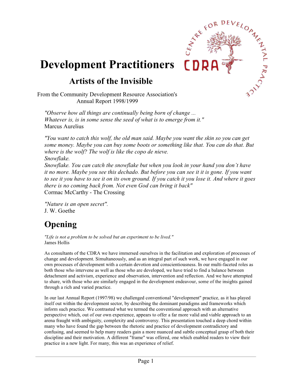 1999 - Development Practitioners - Artists of the Invisible - from Cdras Annual Report