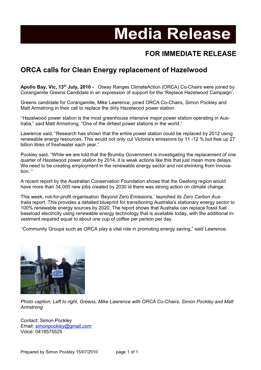 ORCA Calls for Clean Energy Replacement of Hazelwood