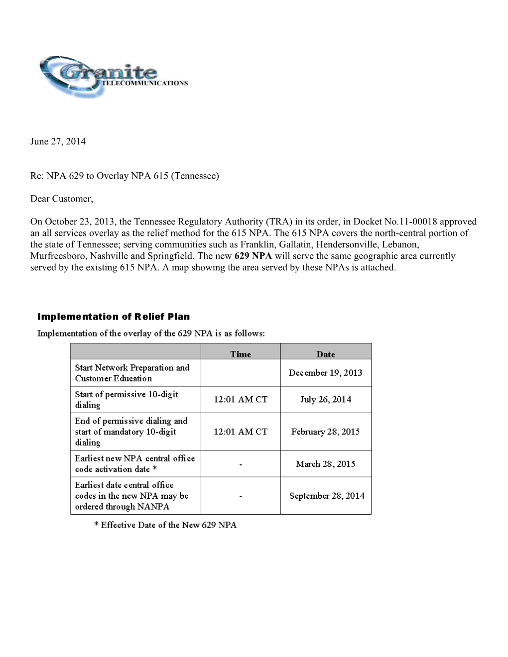 Re: NPA 629 to Overlay NPA 615 (Tennessee)