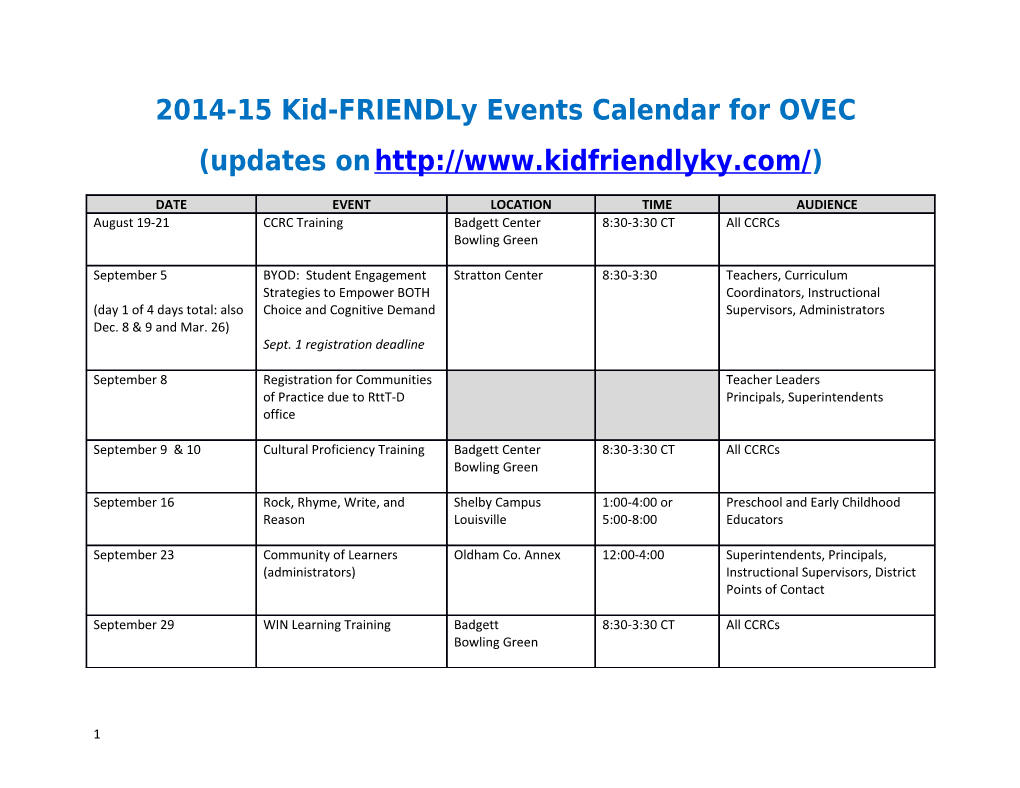 2014-15 Kid-Friendly Events Calendar for OVEC