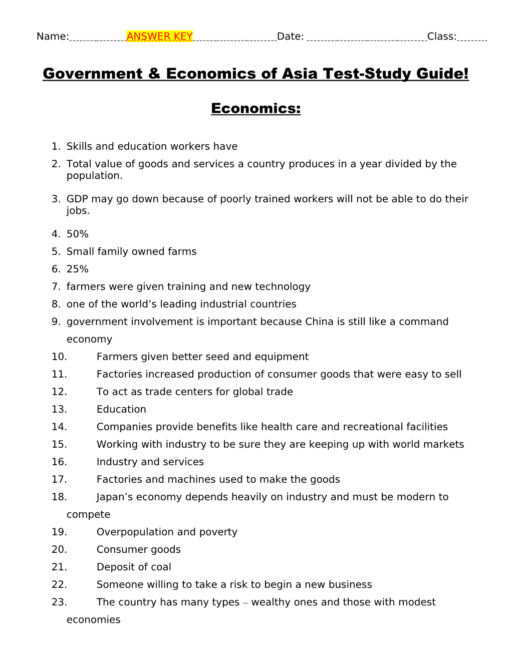 Government & Economics of Asia Test-Study Guide!