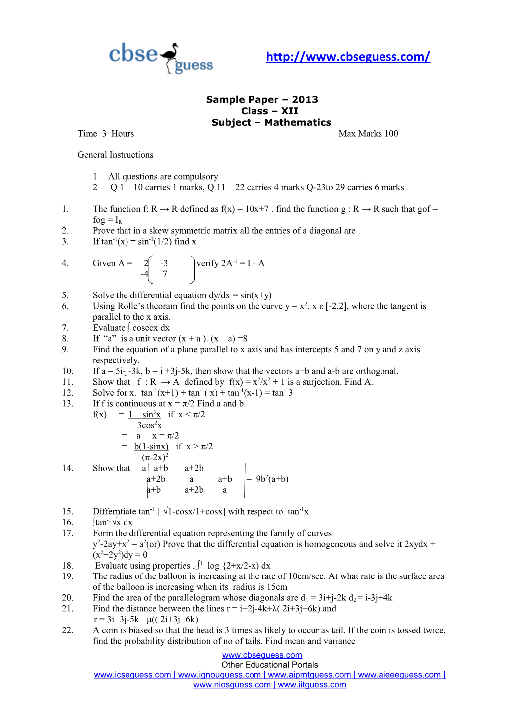 Sample Paper 2013 Class XII Subject Mathematics