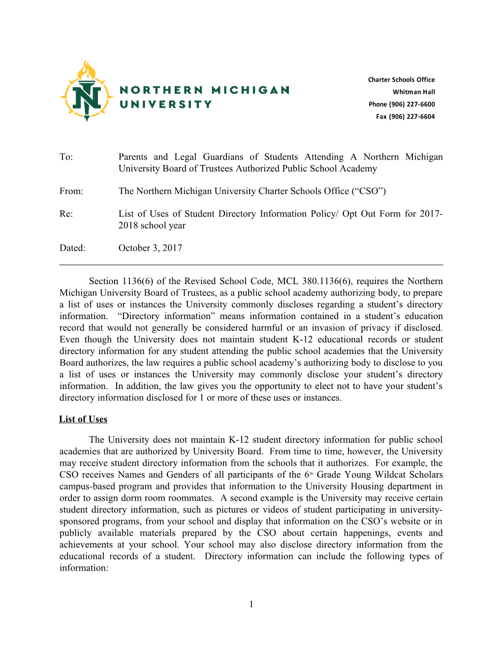 From: the Northern Michigan University Charter Schools Office ( CSO )