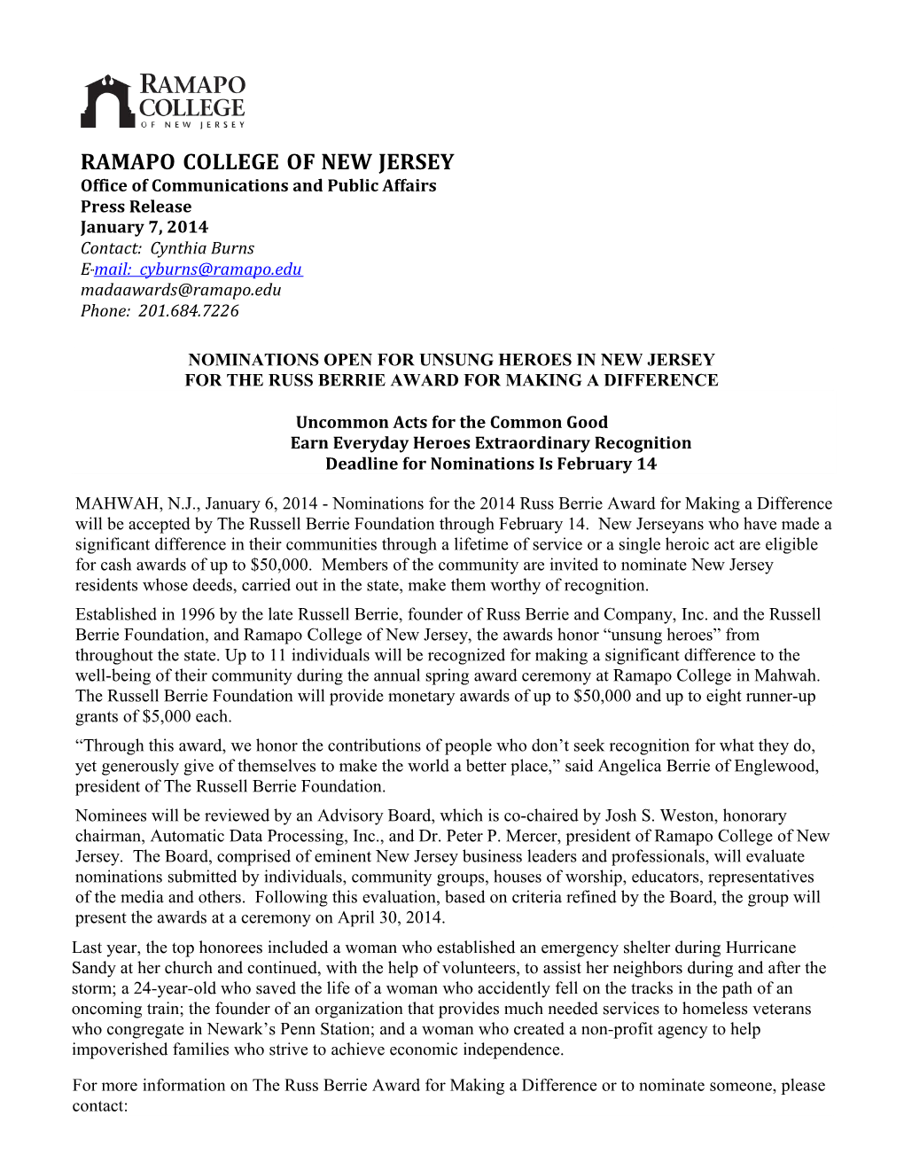Ramapocollegeofnewjerseyoffice of Communications and Public Affairspress Release