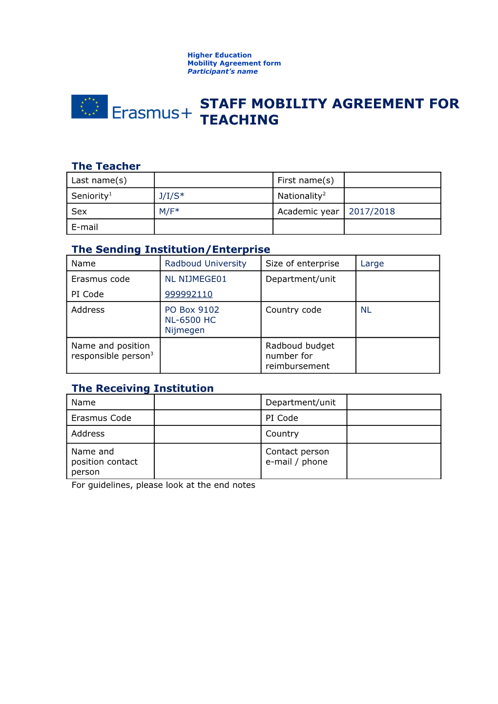 Staff Mobility for Teaching - Mobility Agreement