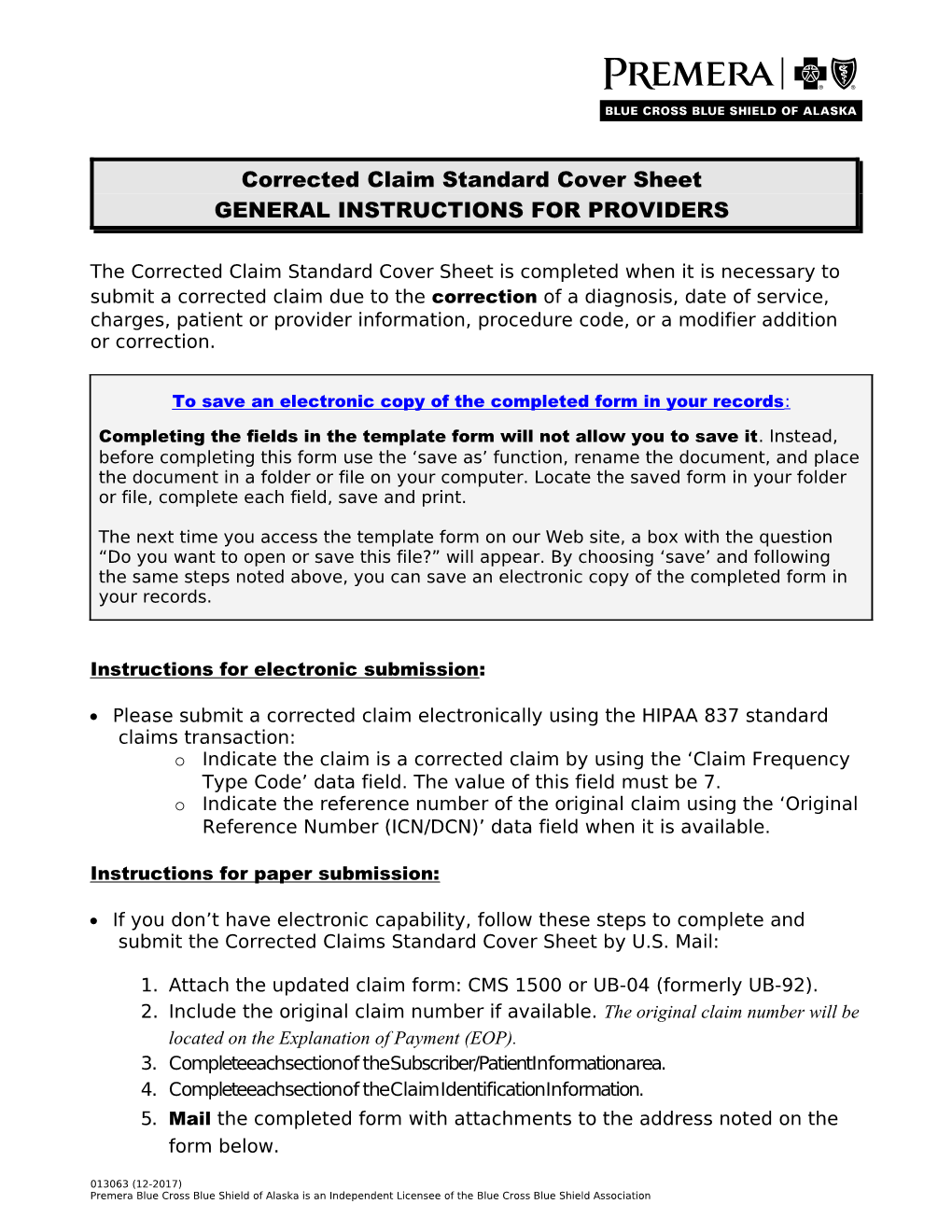 Corrected Claim - Standard Cover Sheet