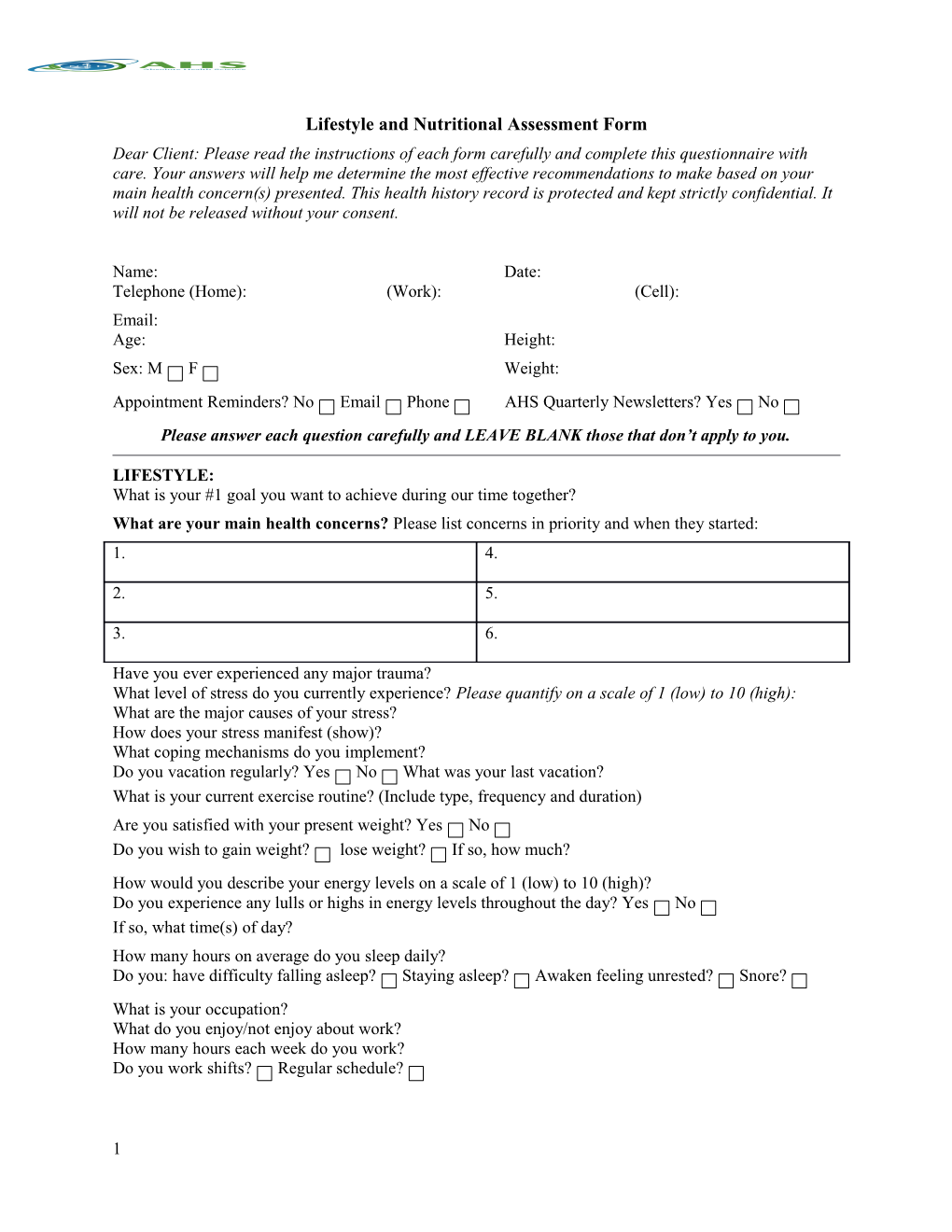 Lifestyle and Nutritional Assessment Form