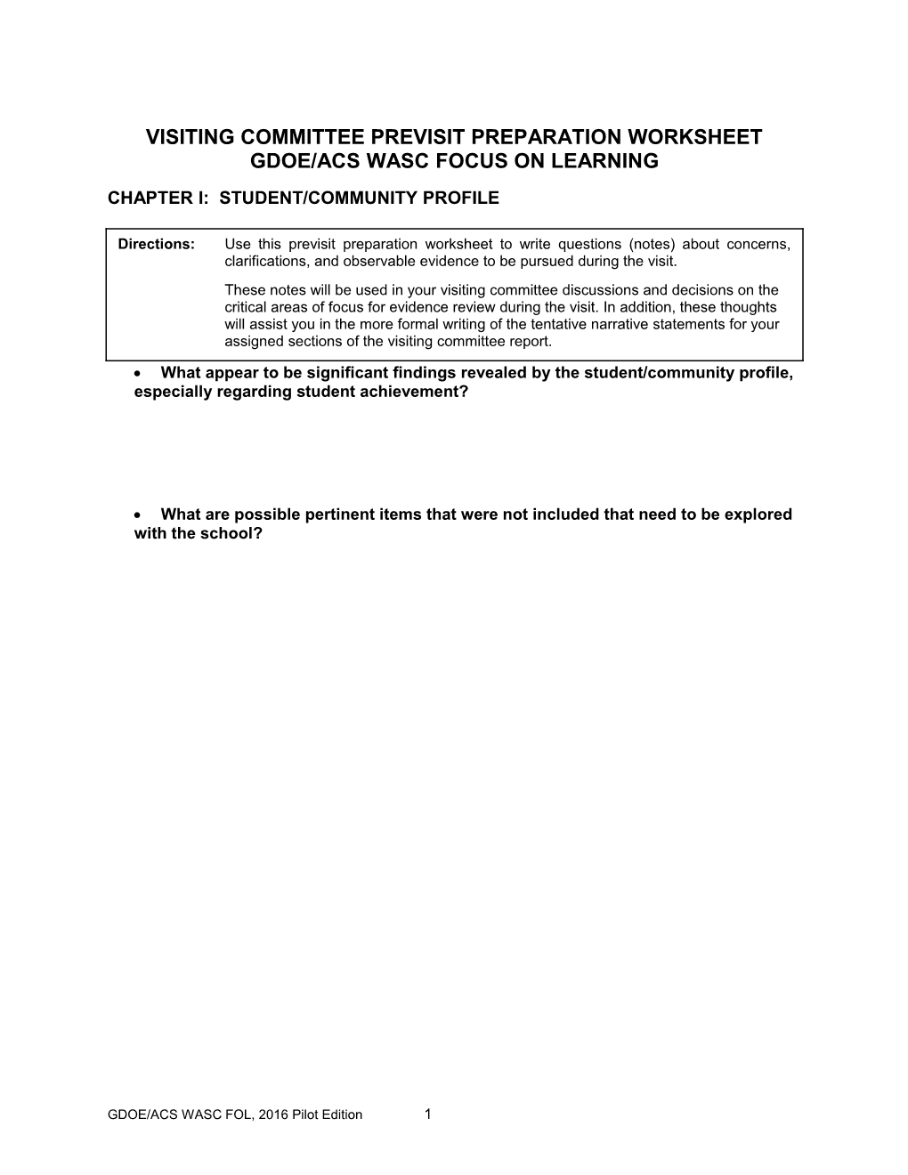 Visiting Committee Previsit Preparation Worksheets s1