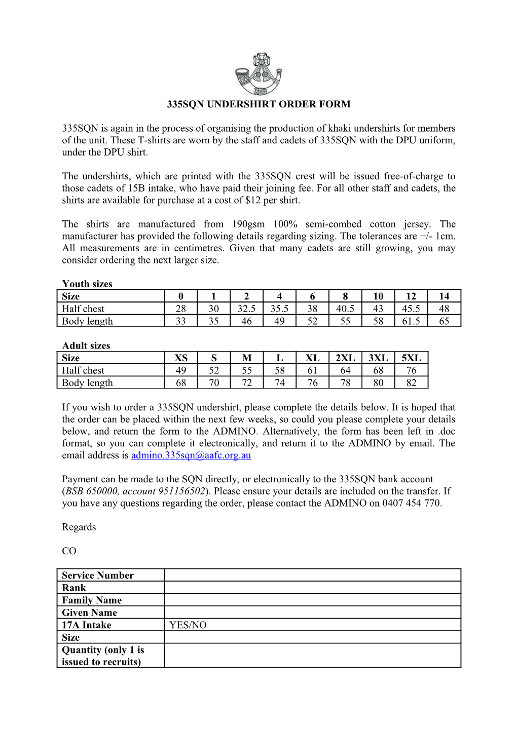 335Sqn Undershirt Order Form