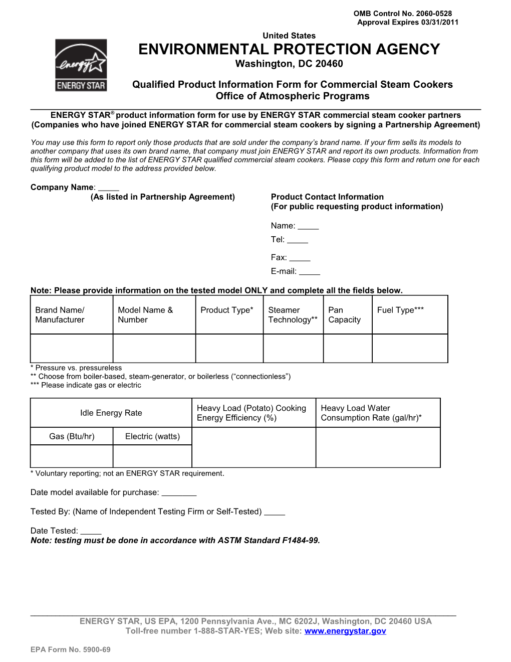 Qualified Product Information Form for Commercial Steam Cookers
