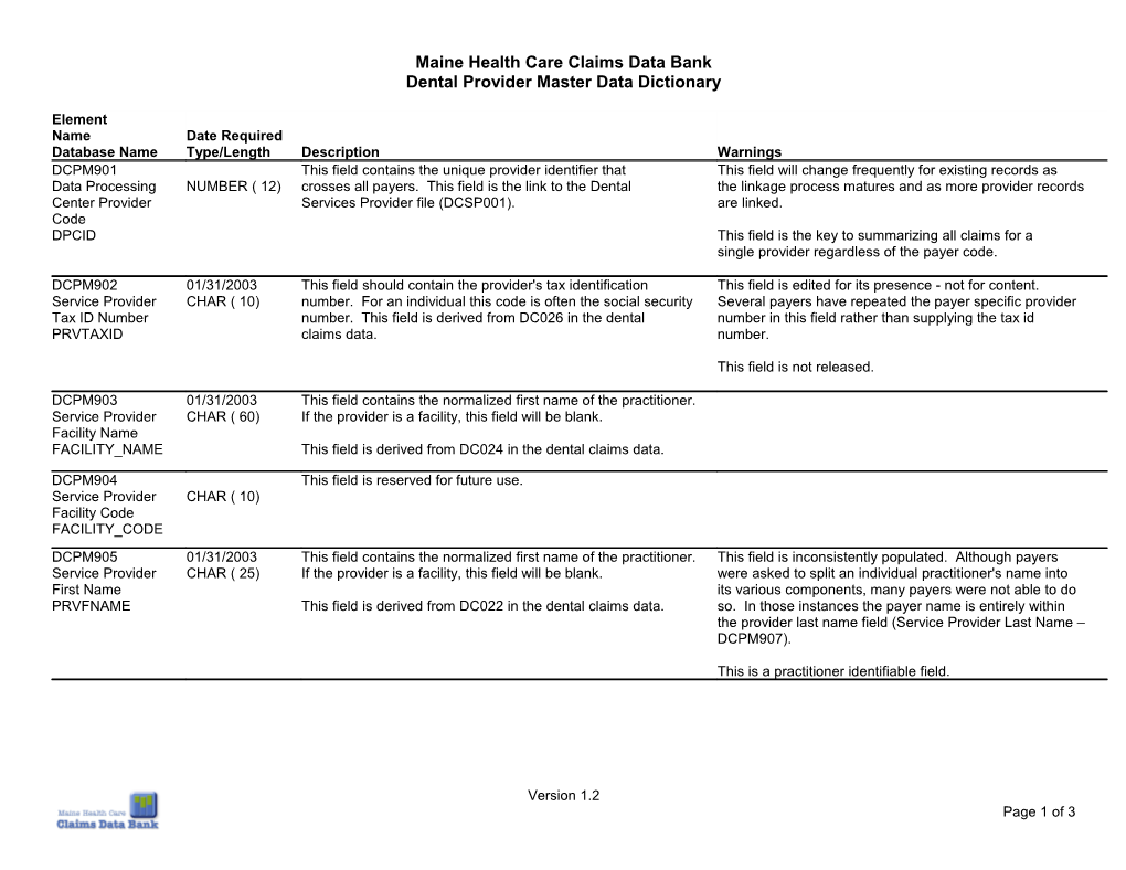 Maine Health Care Claims Data Bank