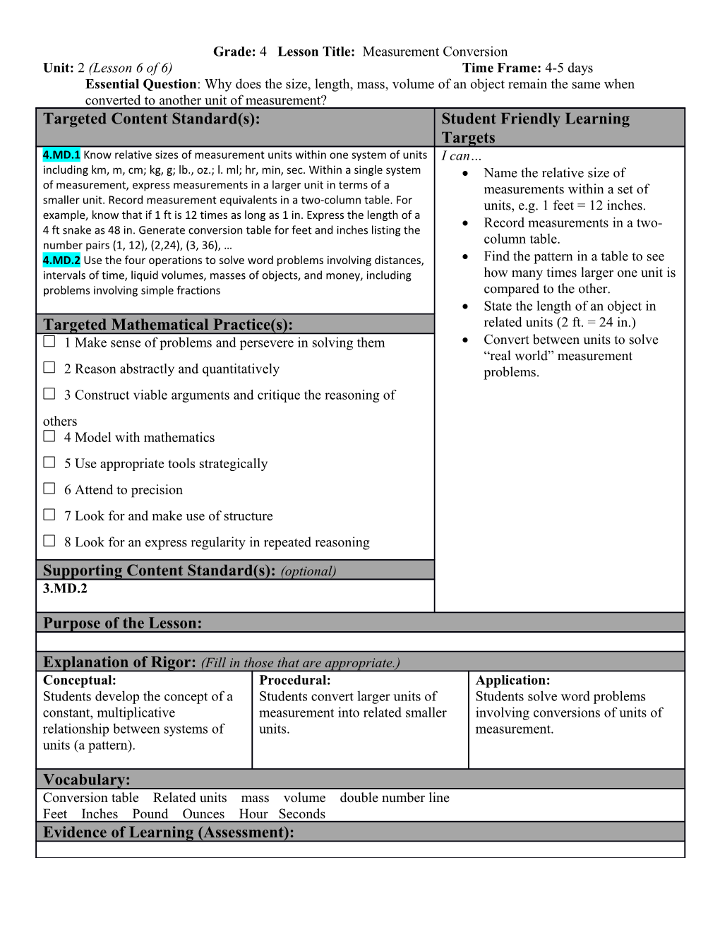 Grade: 4 Lesson Title: Measurement Conversion