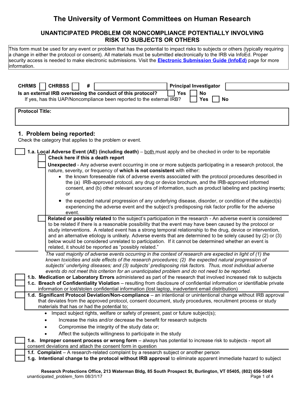 Human Research: Adverse Events Form