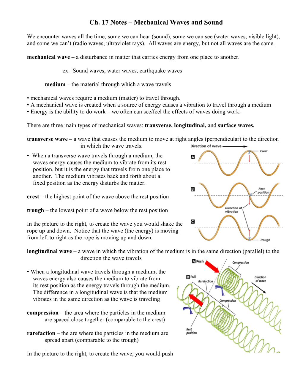 Ch. 17 Notes Mechanical Waves and Sound