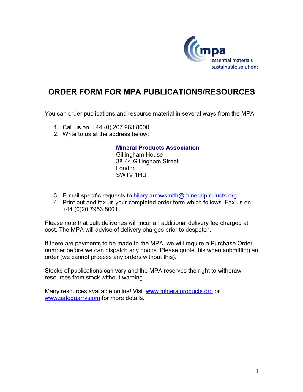 Members Order Form for Qpa Publications/Resources