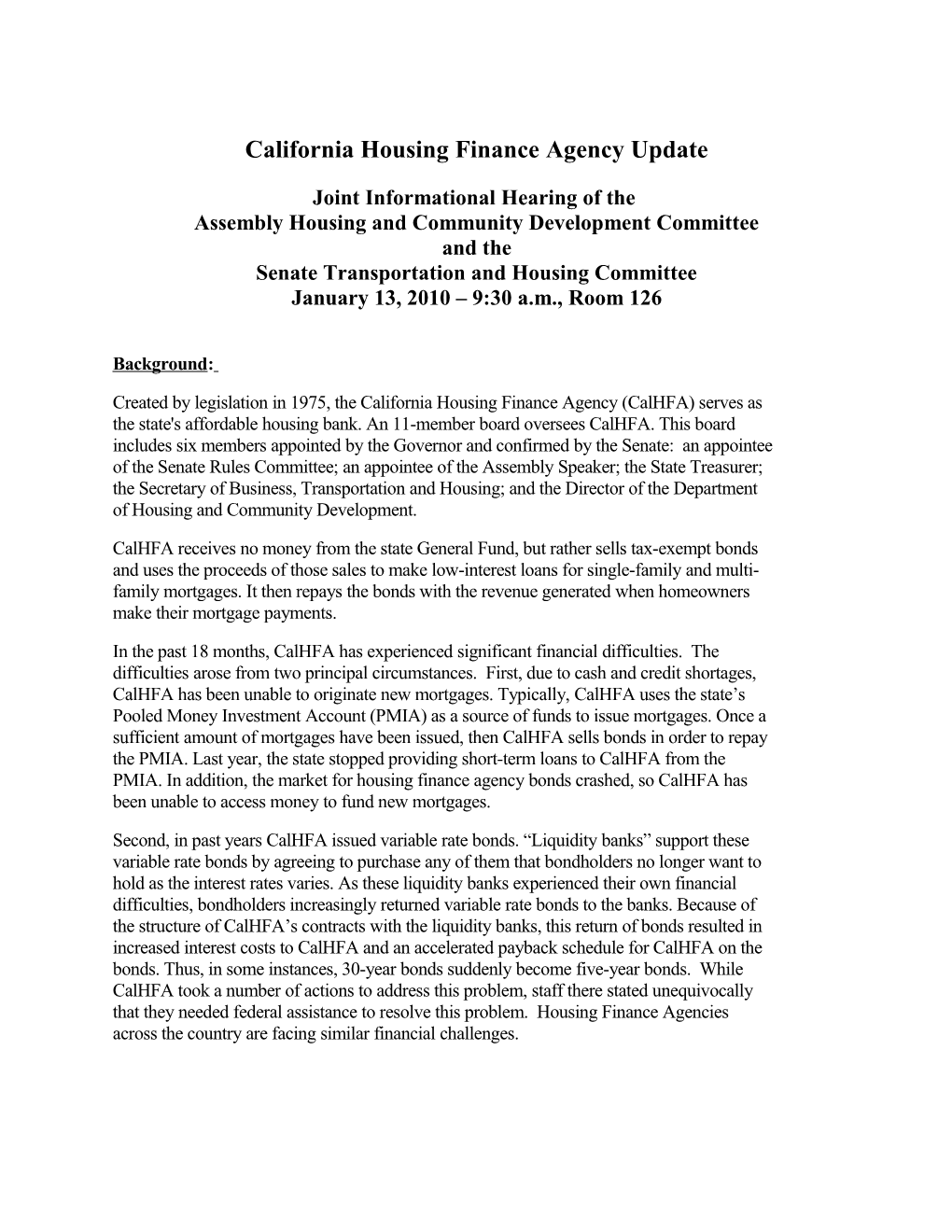 Background for California Housing Finance Agency Presentation