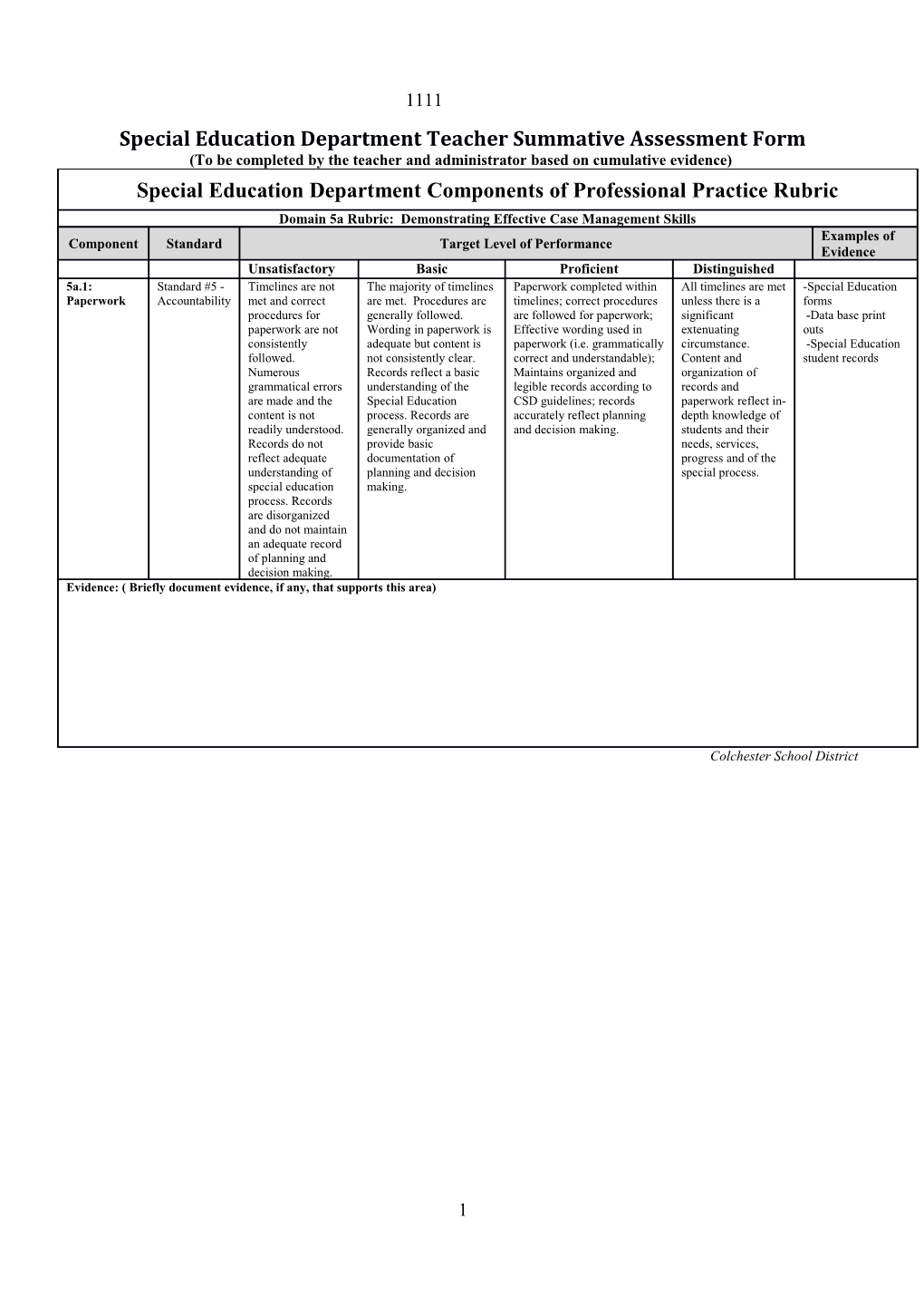 Special Education Department Teacher Summative Assessment Form
