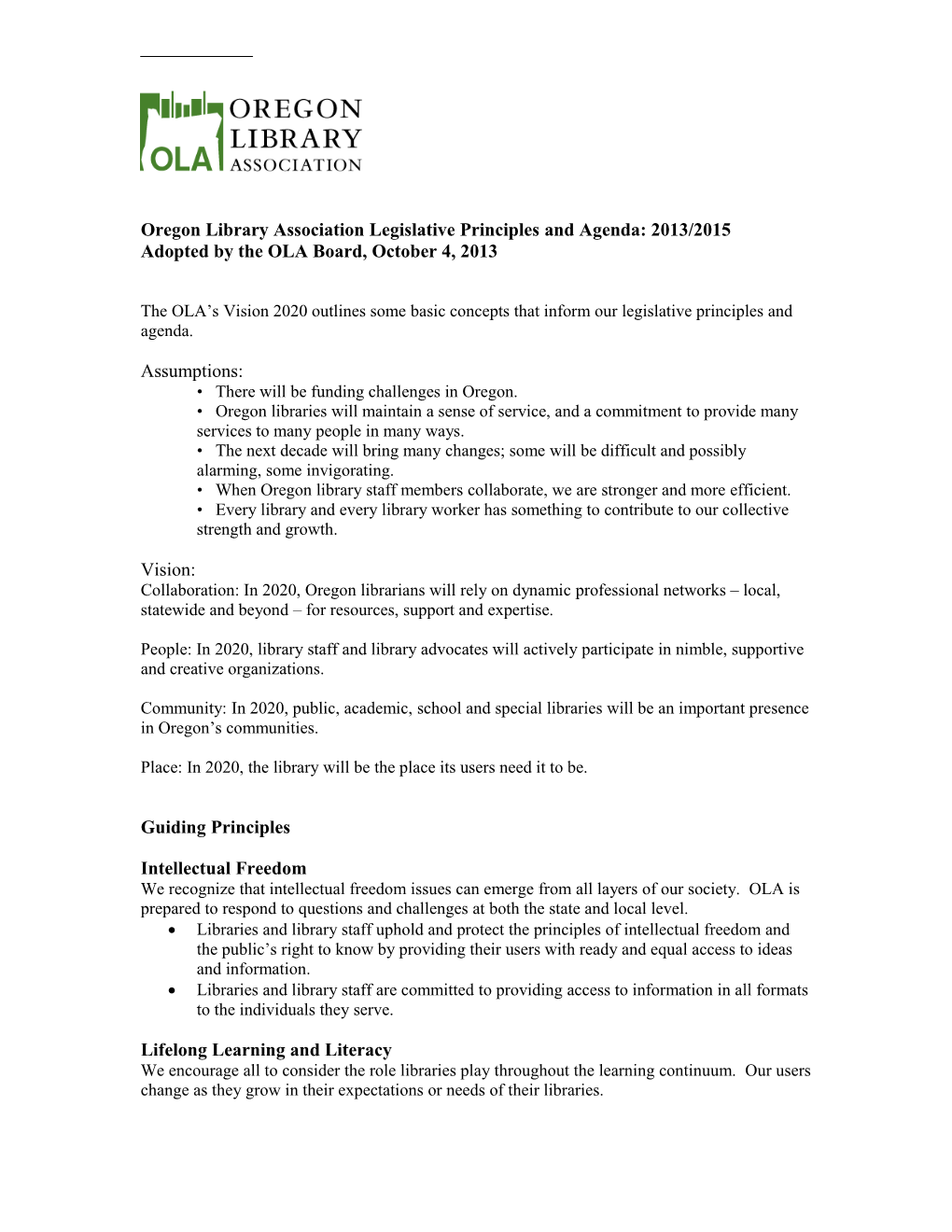 Oregon Library Association Legislative Principles and Agenda: 2013/2015