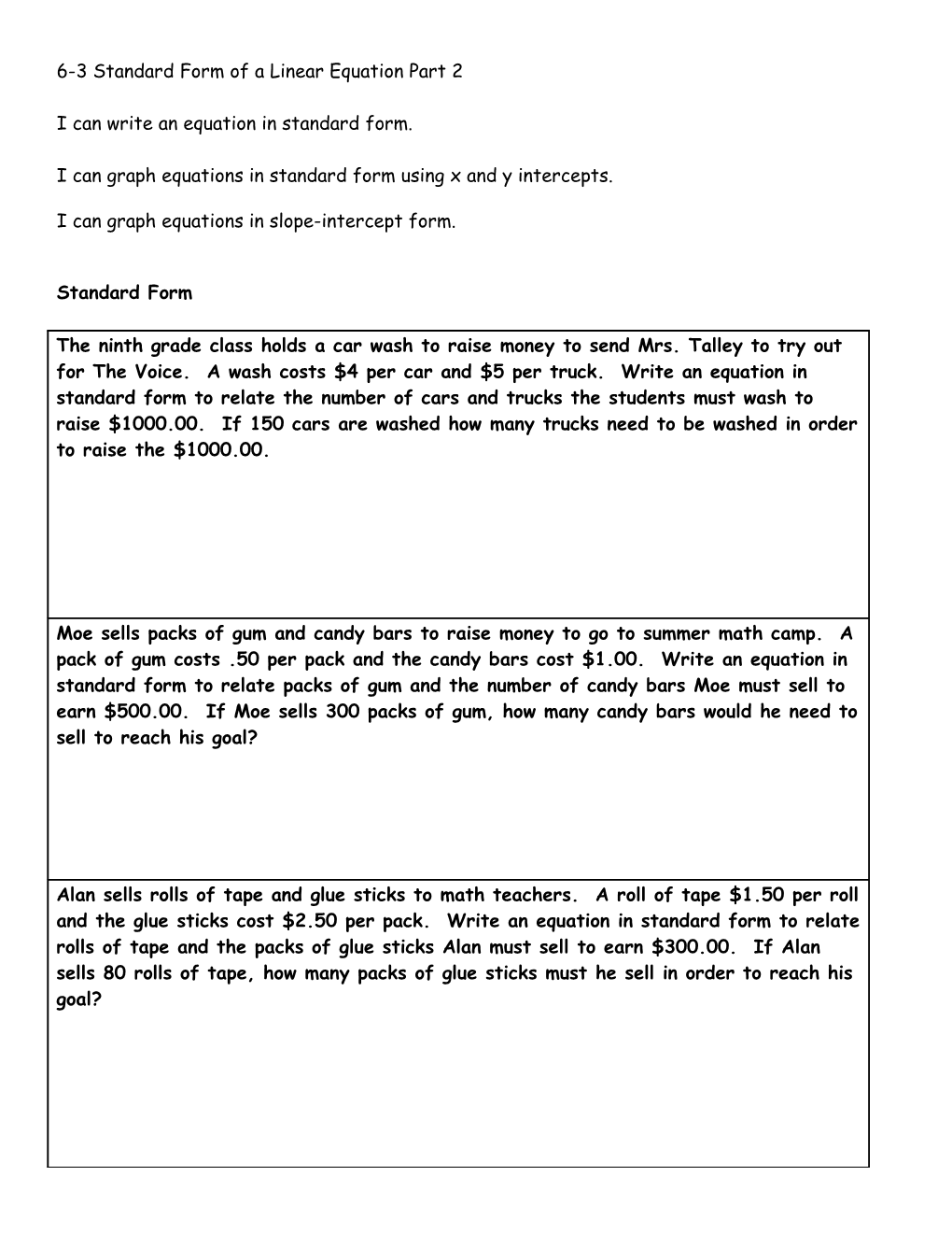 6-3 Standard Form of a Linear Equation