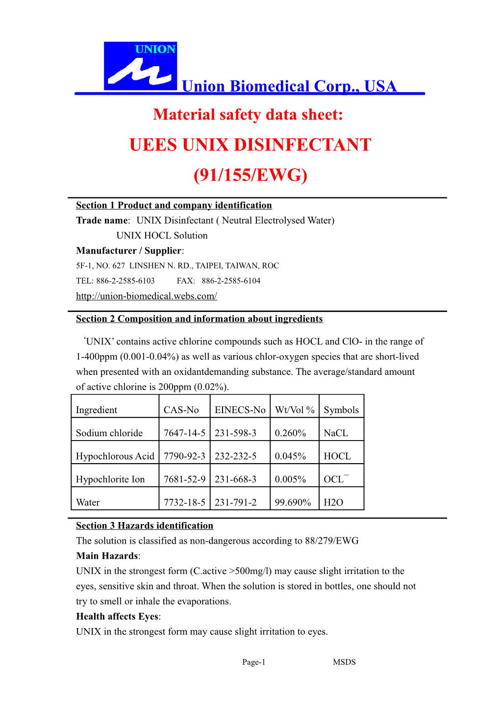 Material Safety Data Sheet: UEES UNIX
