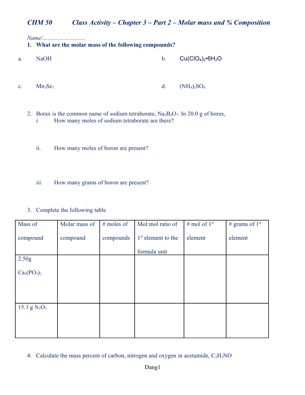 CHM 50 Class Activity Chapter 3 Part 2 Molar Mass and % Composition