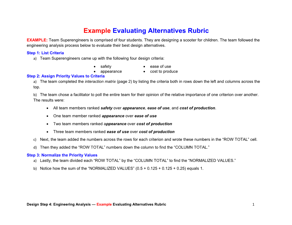 Example Evaluating Alternatives Rubric