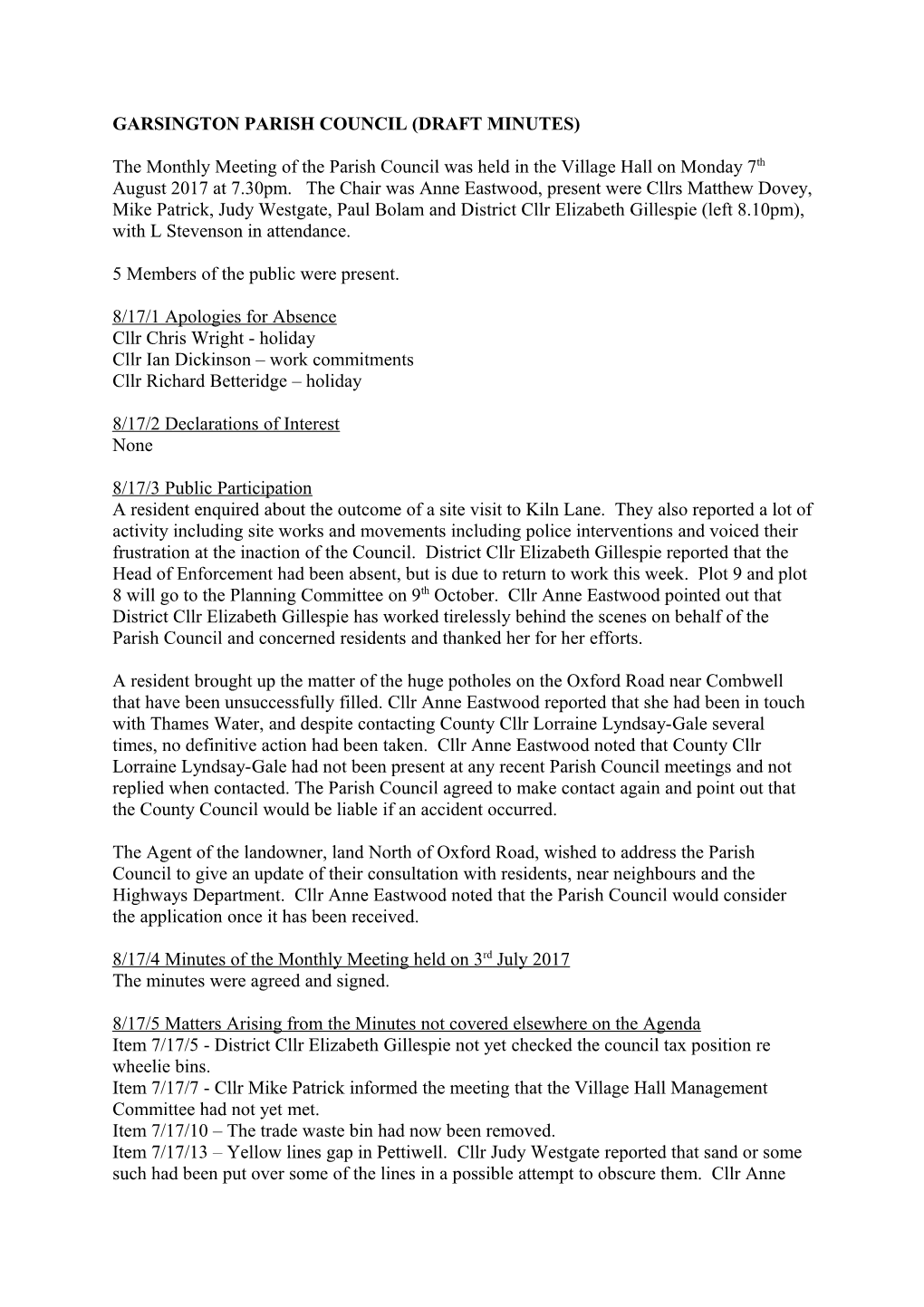 Garsington Paris H Council (Draft Minutes)