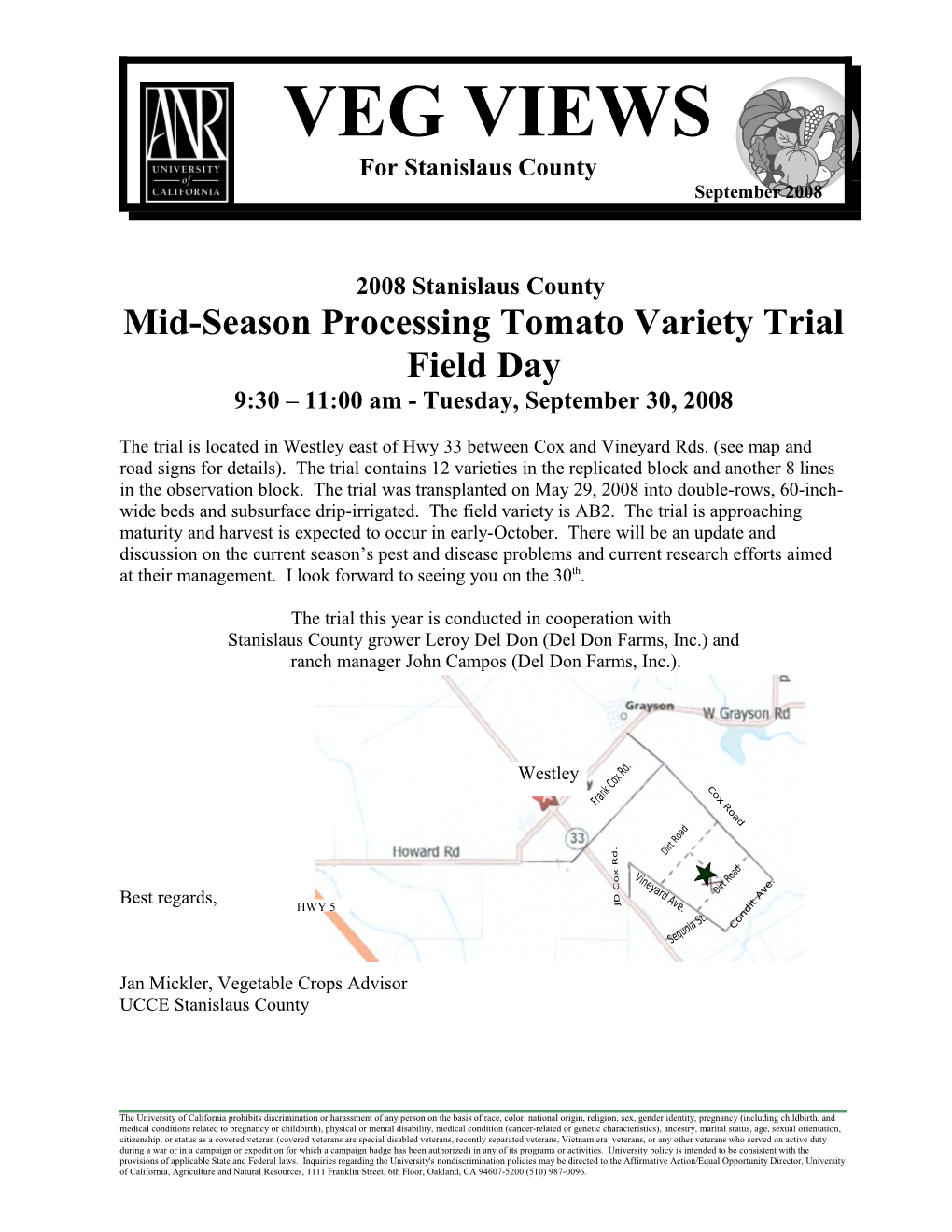 2008 Stanislaus County Mid-Season Processing Tomato Variety Trial Field Day