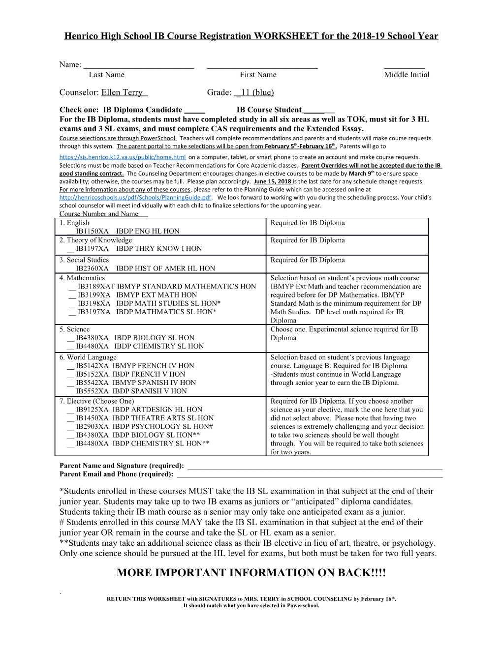 Henrico High School IB Course Registration WORKSHEET for the 2018-19 School Year