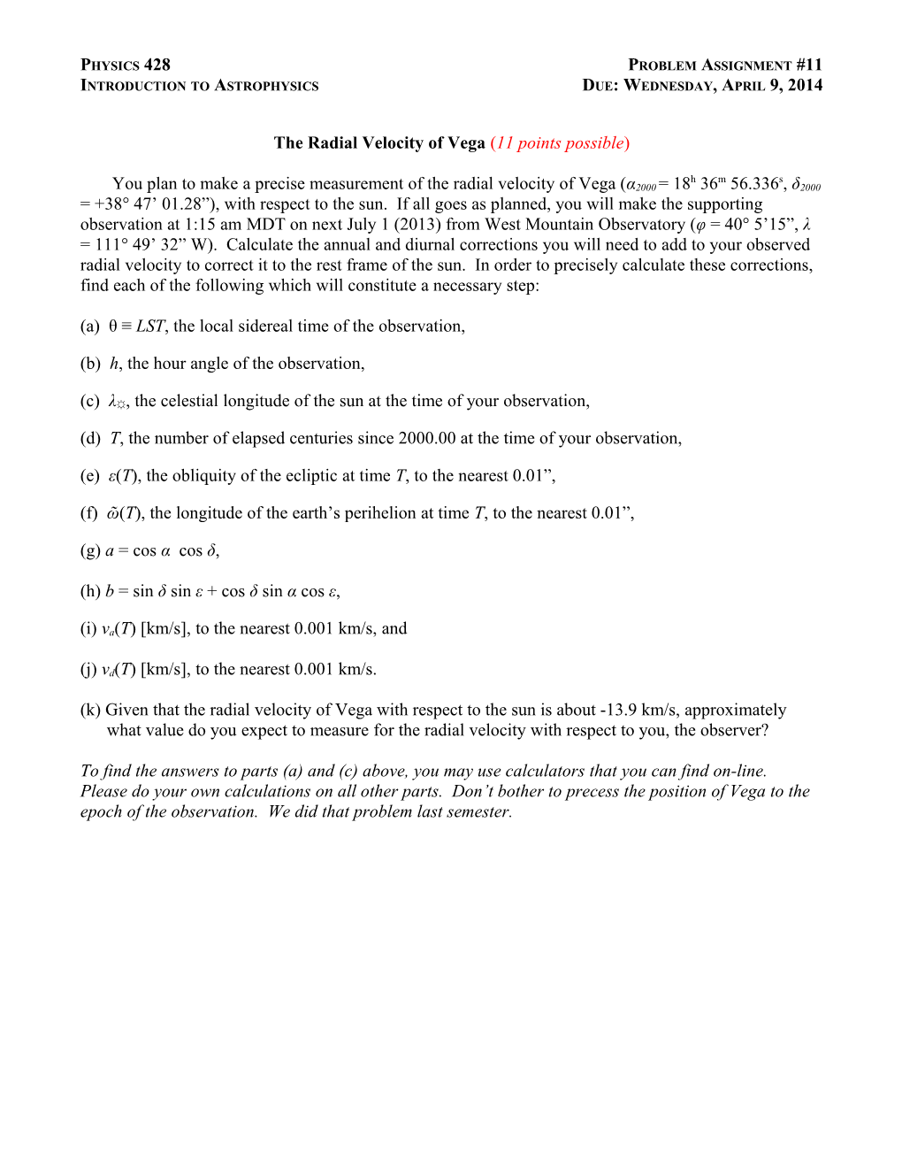 Physics 428Problem Assignment #11