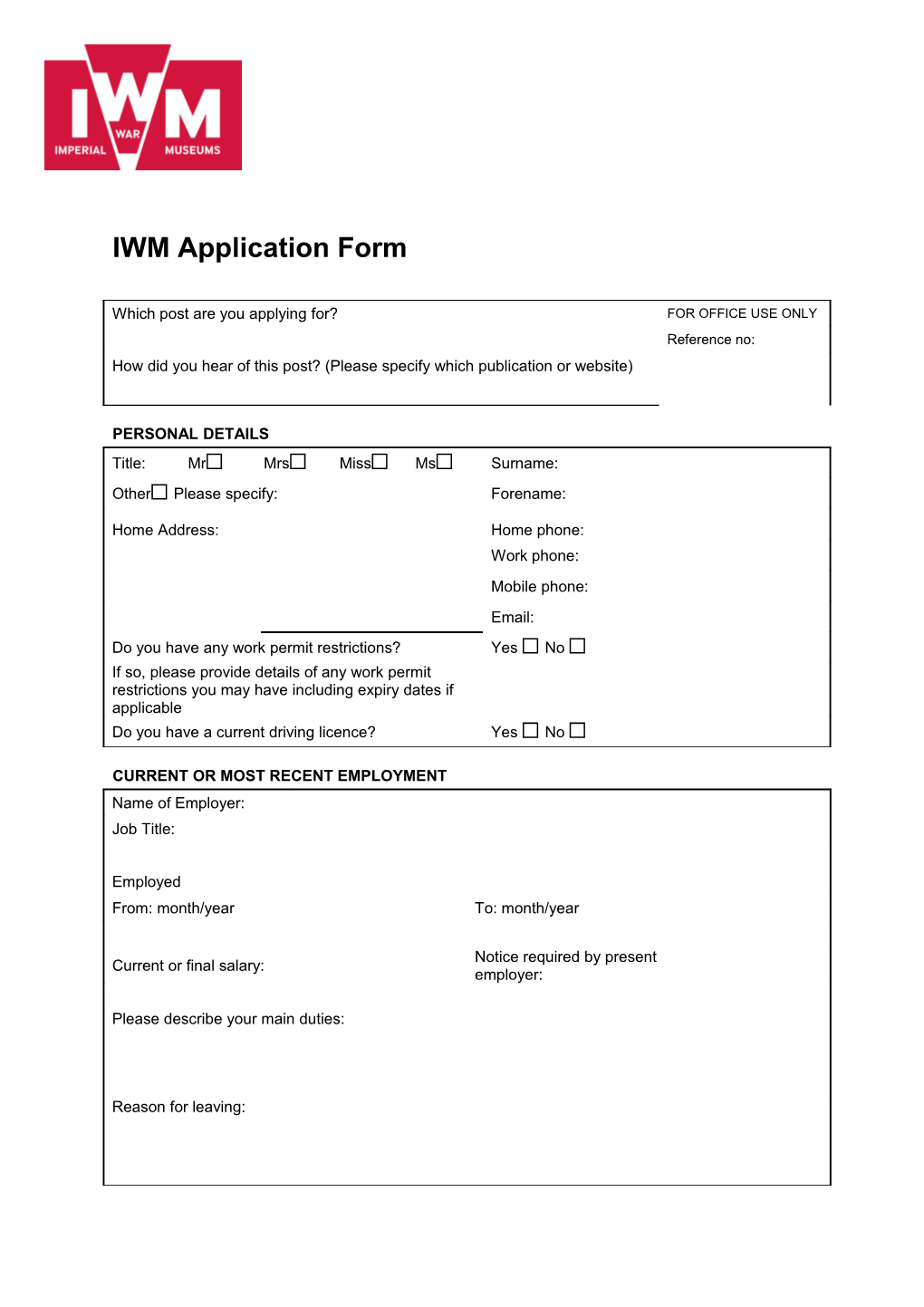 Imperial War Museum Application Form