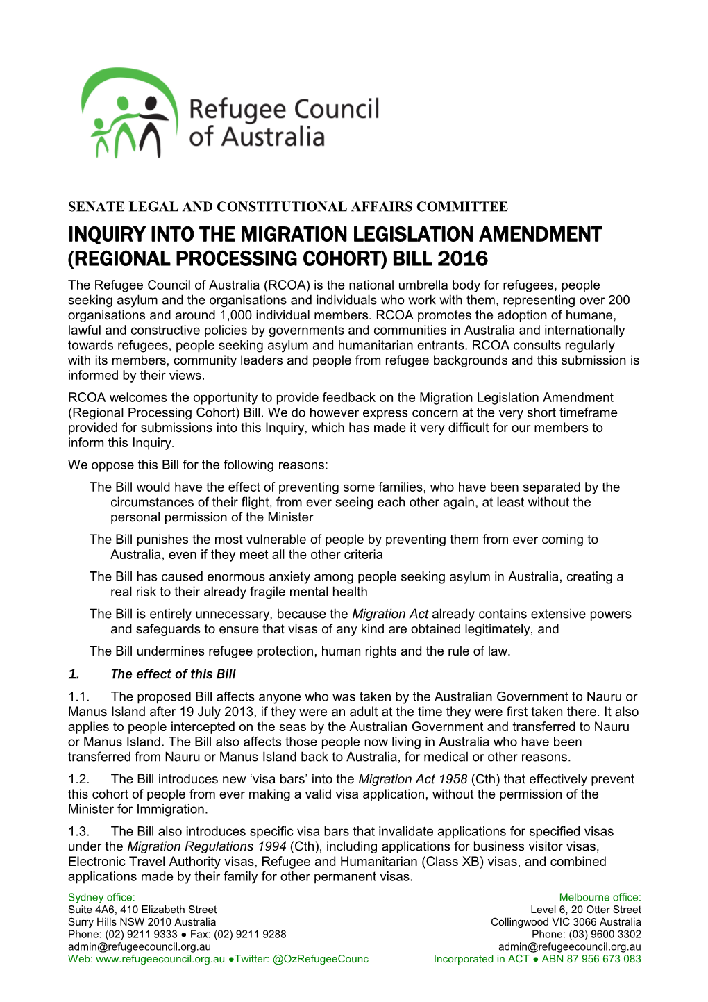 Submission on the Inquiry Into the Migration Legislation Amendment (Regional Processing