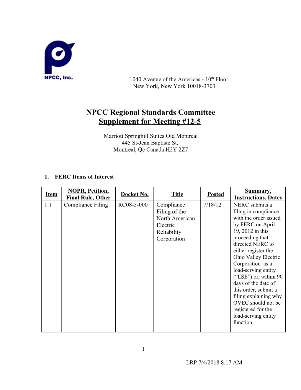 NPCC Regional Standards Committee