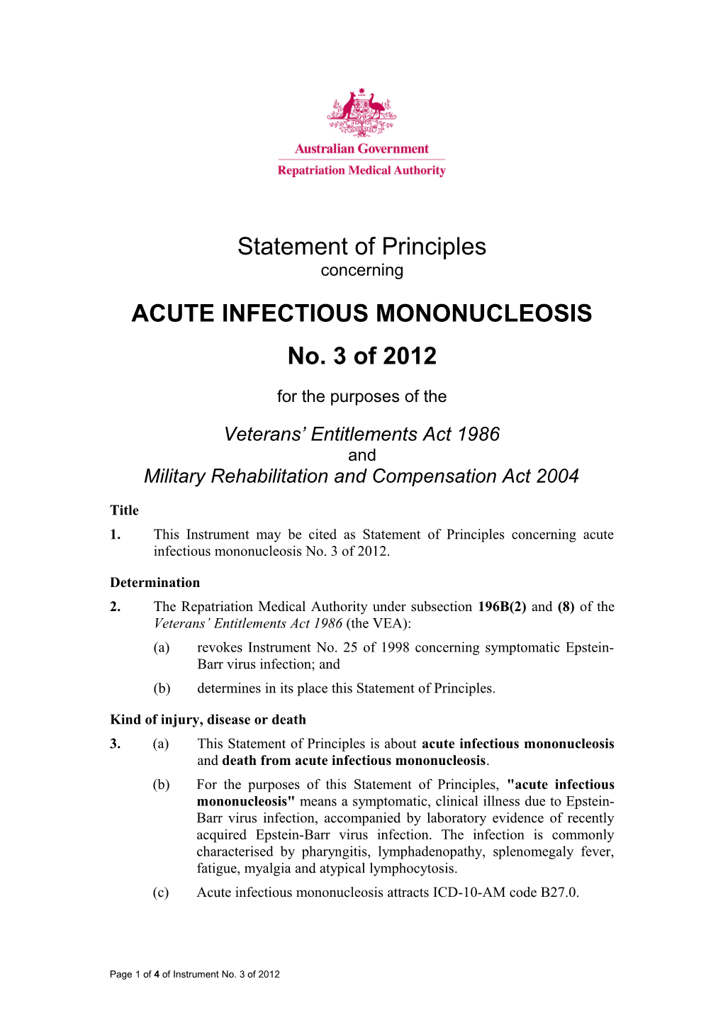 Statement of Principles 3 of 2012 Acute Infectious Mononucleosis Reasonable Hypothesis