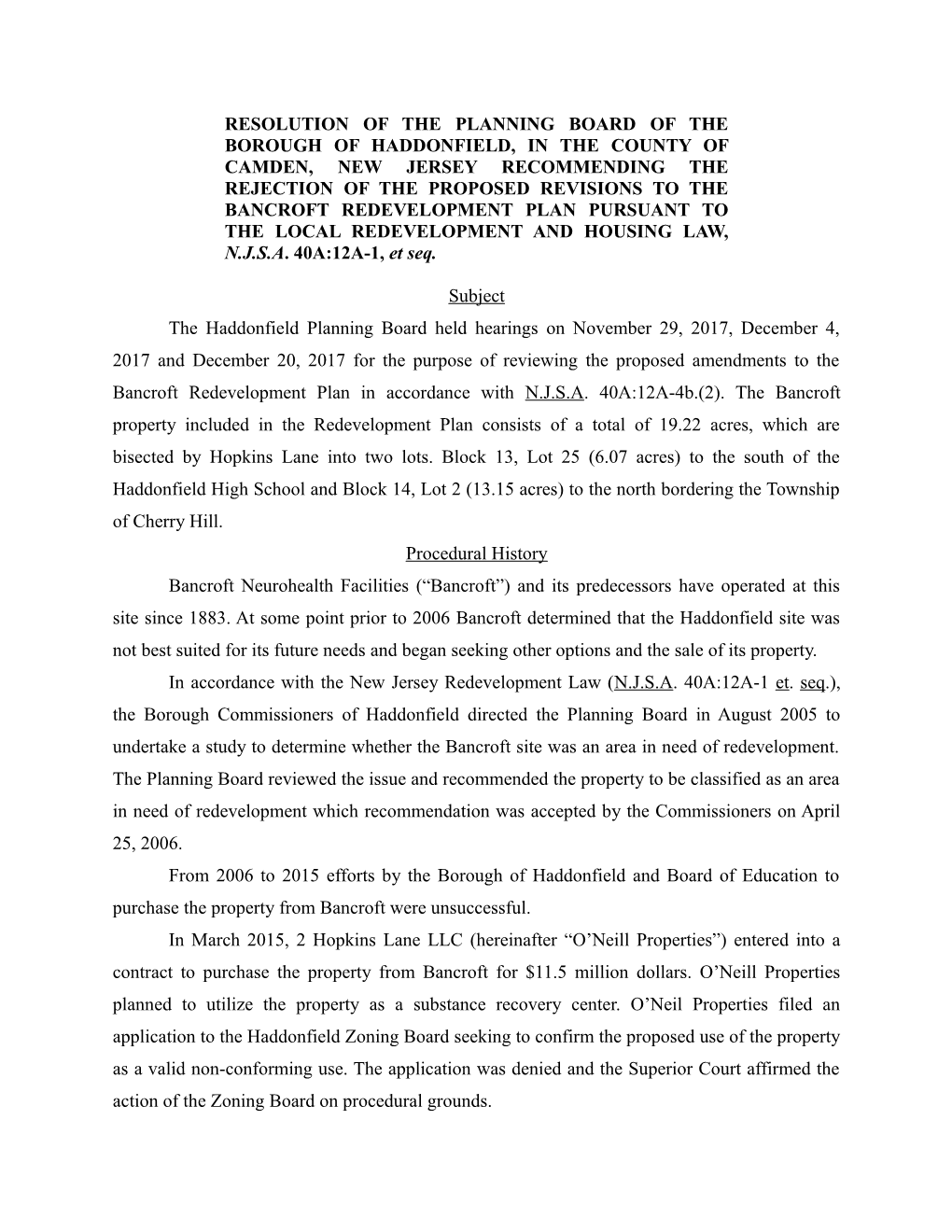 Resolution of the Planning Board of the Borough of Haddonfield, in the County of Camden