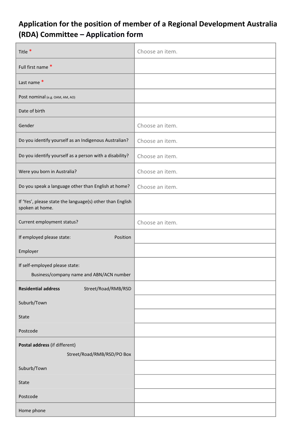 Application for the Position of Member of a Regional Development Australia (RDA) Committee