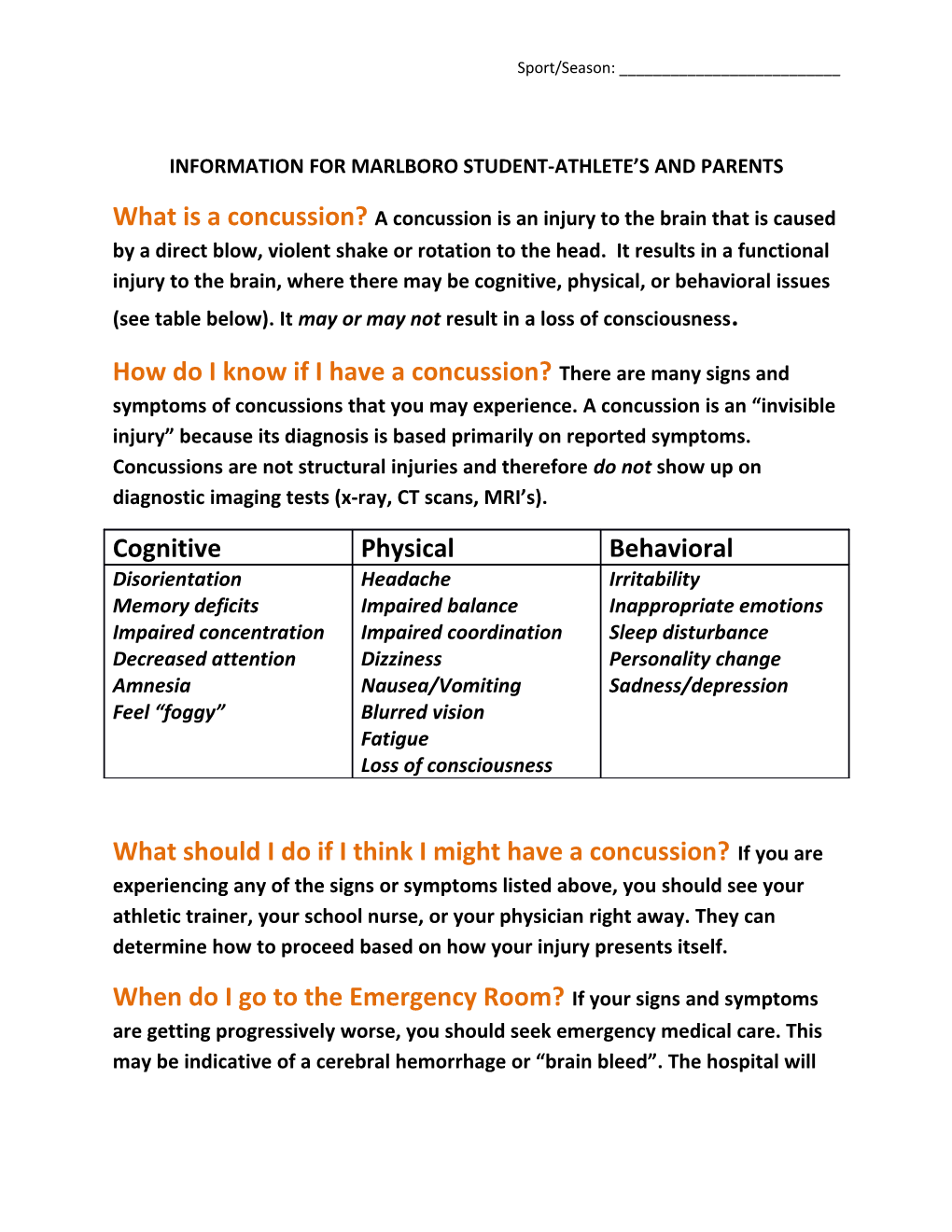 Information for Marlboro Student-Athlete S and Parents