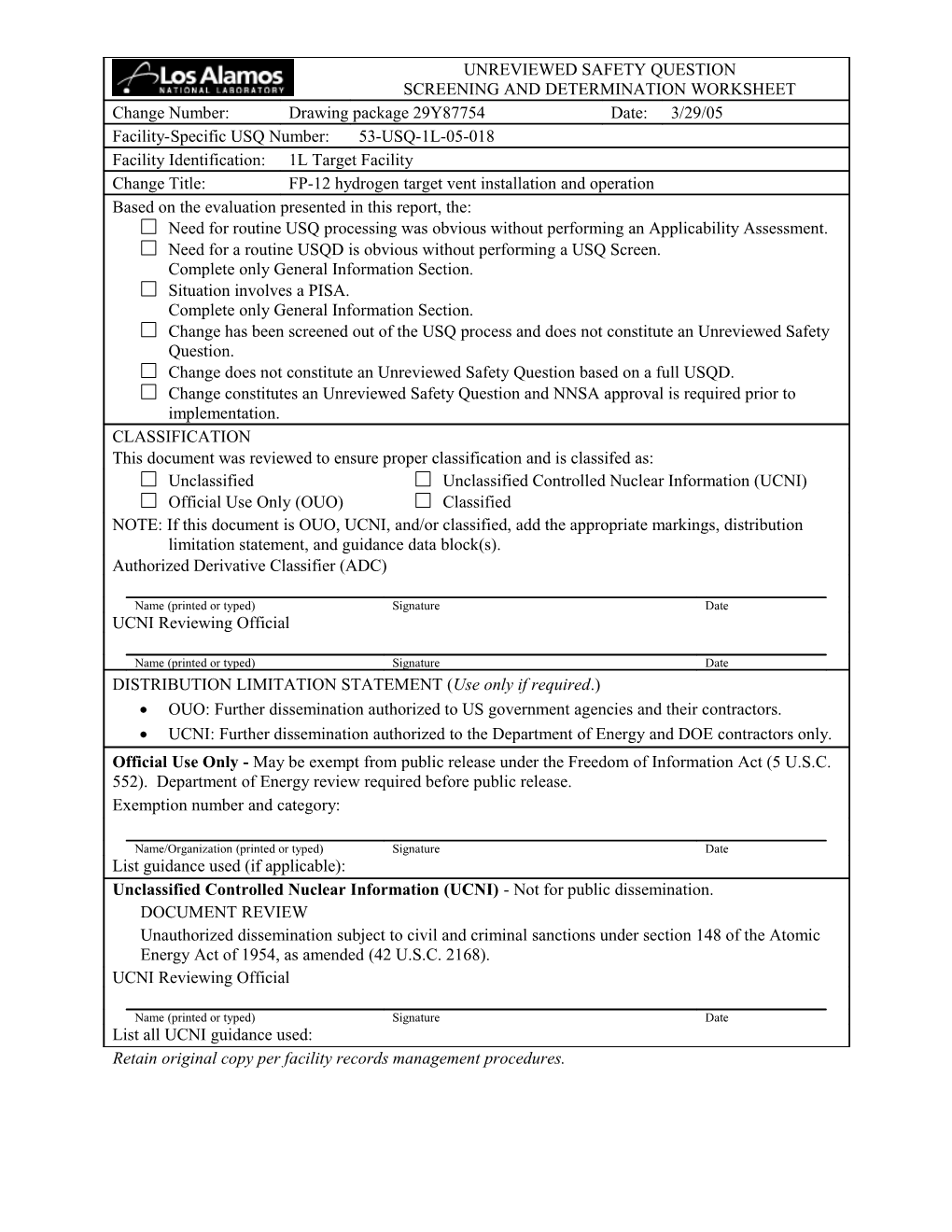 Retain Original Copy Per Facility Records Management Procedures